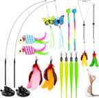 Cat Toys, 14Pcs 4 in 1 Indoor Adult Cat Interactive Toys, Hanging Door Kitten Wand with Suction Cup Removable Feathers Balls Mice Butterfly Streamers