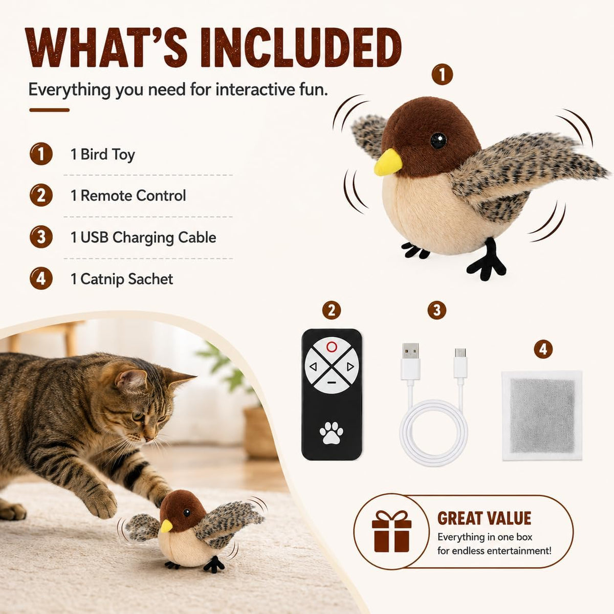 Flying Bird Cat Toy (Not a Flying Bird) – Interactive Flappy Bird Toy for Indoor Cats, USB Rechargeable with Real Feathers, Chirping Sounds & Remote Control