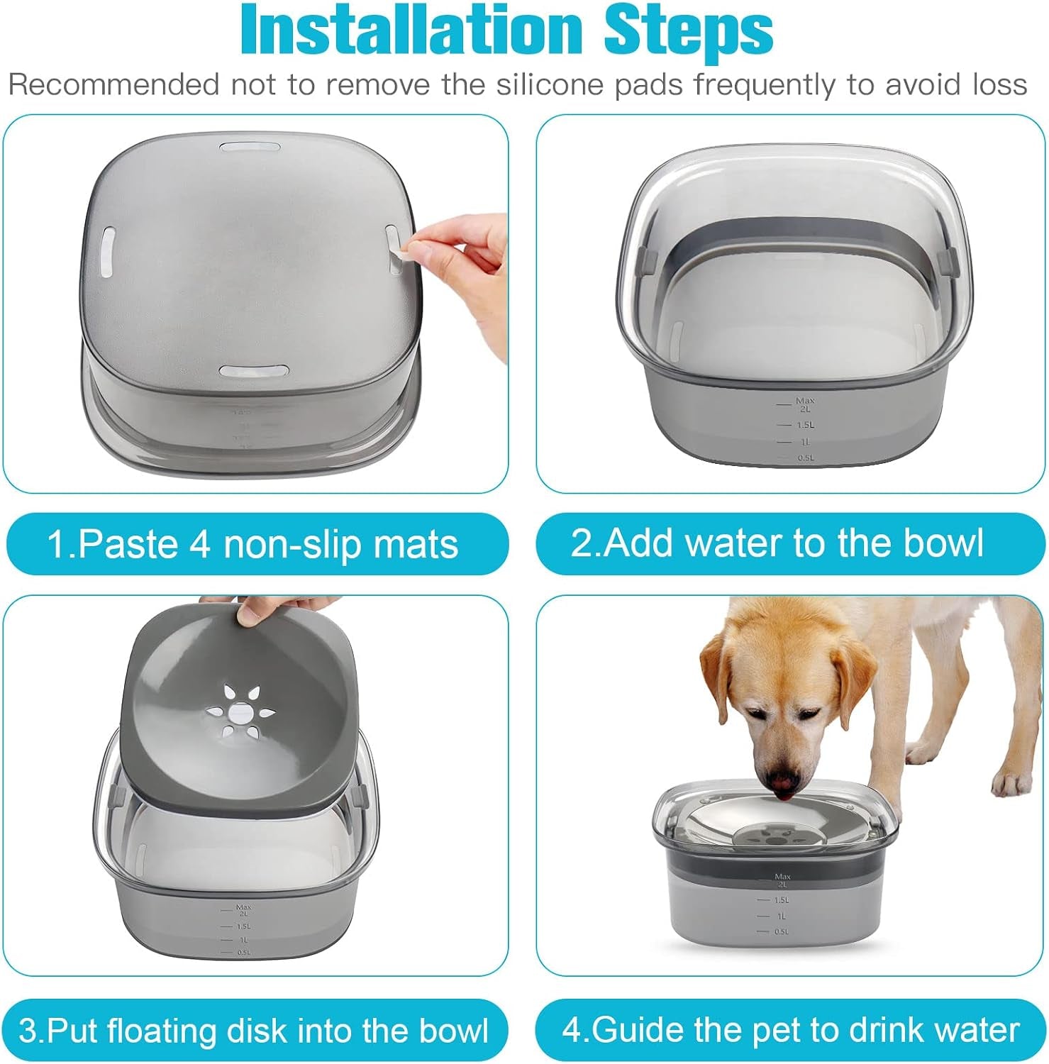 70Oz Dog Water Bowl, No Spill Slow Drinking Feeder for Messy Drinker | Large Capacity, Spill Proof, Prevent Pet Prevents Choking, Anti-Slip, Visible Water Level, Suitable for Travel and Car Trips