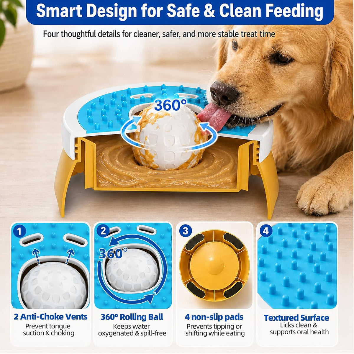 Slow Feeder Dog Licking Bowl with Rolling Ball,4 Non-Slip Pads,8Fl Oz | Dog Enrichment Toys for Dogs with Bone Broth, Yogurt and Wet Puppy Treat, Interactive Lick Ball for Dogs with Anxiety