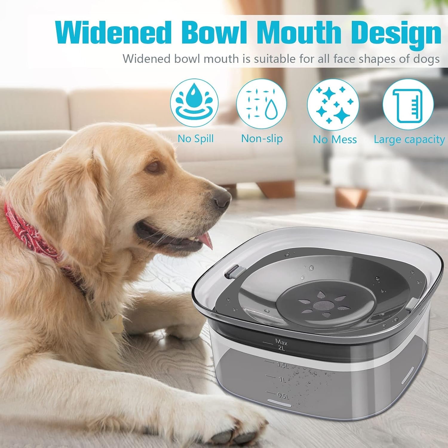 70Oz Dog Water Bowl, No Spill Slow Drinking Feeder for Messy Drinker | Large Capacity, Spill Proof, Prevent Pet Prevents Choking, Anti-Slip, Visible Water Level, Suitable for Travel and Car Trips
