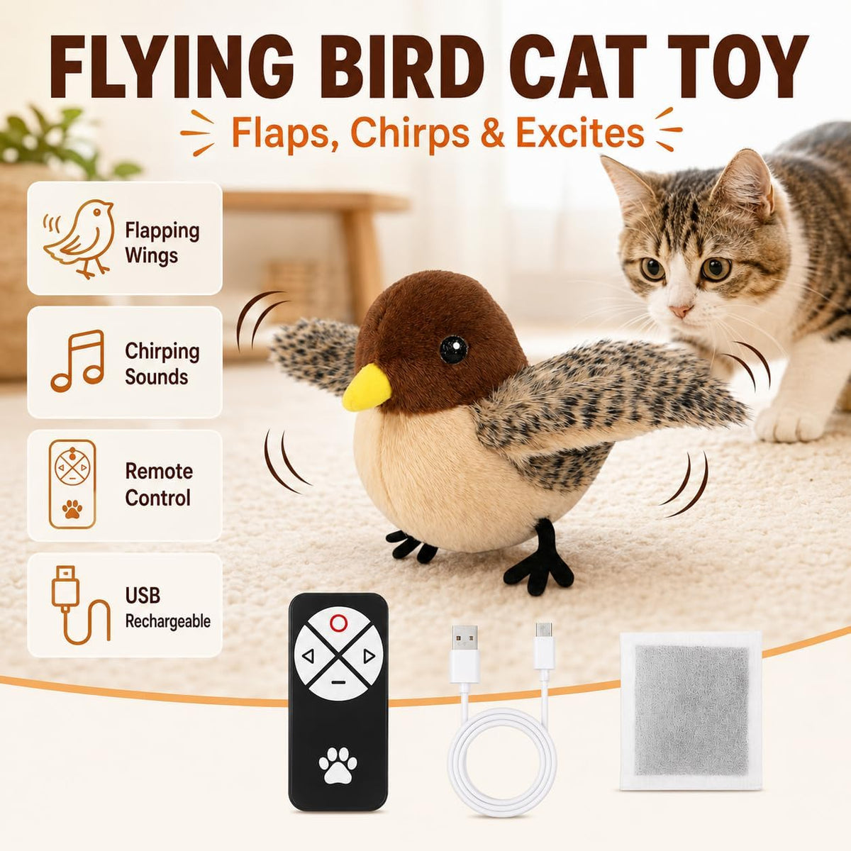 Flying Bird Cat Toy (Not a Flying Bird) – Interactive Flappy Bird Toy for Indoor Cats, USB Rechargeable with Real Feathers, Chirping Sounds & Remote Control